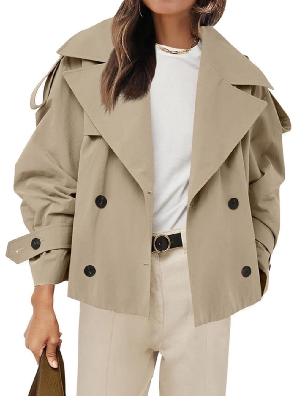 Women's Light Khaki Crop Trench Double Breasted Short Jacket w/ Belt Outerwear